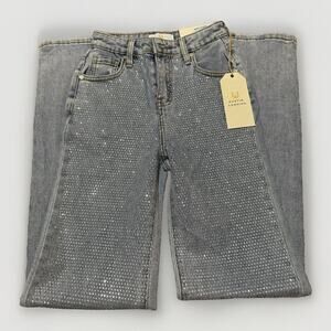 Austin Landing Denim Rhinestone Embellishment Womens 0 Highrise Wide Leg